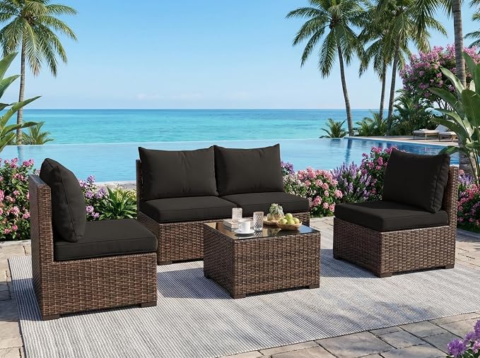 5 Pieces Patio Furniture Set with Glass Table, Outdoor PE Rattan Sectional Sofa with Soft Cushions for Backyard, Porch, and Poolside (Black, 5 PCS w/Table)
