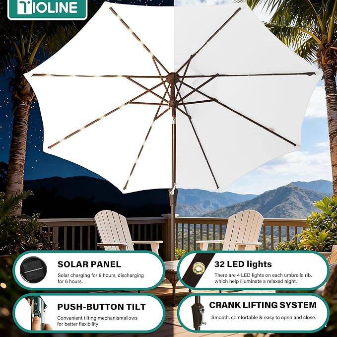 9FT Solar-Powered LED Patio Umbrella with Tilt Crank,Outdoor Market Umbrella with 32 Lights,Sunshade for Deck, Garden and Pool