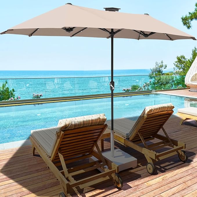 FREE SOLDIER 13ft Patio Umbrella with 36 LED Solar Lights Double Sided Outdoor Umbrella for Patio Table Umbrella with Solar lights for Garden Yard Pool (Beige)