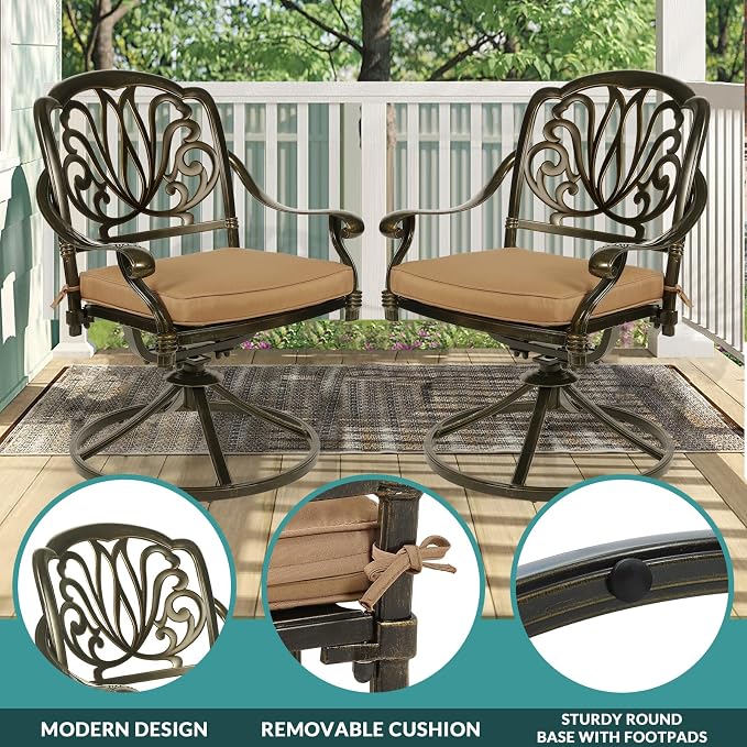 MEETWARM 9-Piece Outdoor Patio Dining Set for 8, All Weather Cast Aluminum Patio Funiture Table and Chairs Set- Large 64" Square Table and 2 Swivel Rocker Chairs, 6 Stationary, Umbrella Hole, Khaki