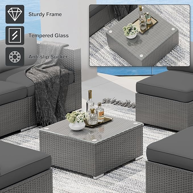 SUNCROWN Outdoor Patio Furniture Set 7 Piece Outdoor Sectional Sofa Grey Wicker Conversation Sofa Set with Cushions, Coffee Table, and Waterproof Cover, Dark Grey