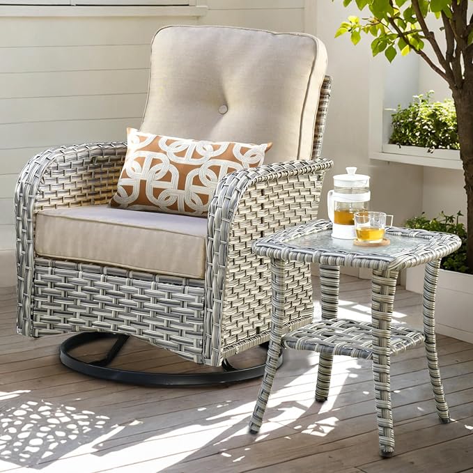 ovios Outdoor Side Table with Tempered Glass Top, Patio Wicker Rattan Bistro Coffee Tables with 2 Tiers Storage for Porch Deck Balcony Garden Poolside, Mixed Brown