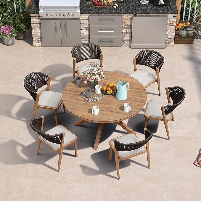 PURPLE LEAF 7 Pieces Round Dining Set Aluminum Frame and Wicker Rattan Patio Table and Chairs with Cushions for Garden Backyard Kitchen Deck Outdoor Teak