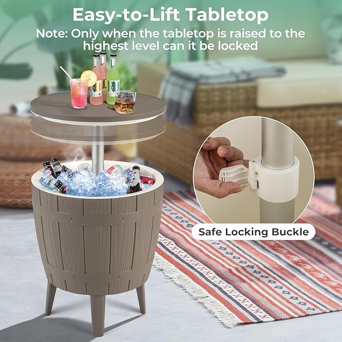 Moccha Outdoor End Table Cooler - 10 Gallon Cooler Side Table with Height Adjustable Tabletop, 3-in-1 Ice Bucket for Beer & Wine Storage, Cocktail Patio Bar Table for Deck Pool Backyard Party (Brown)