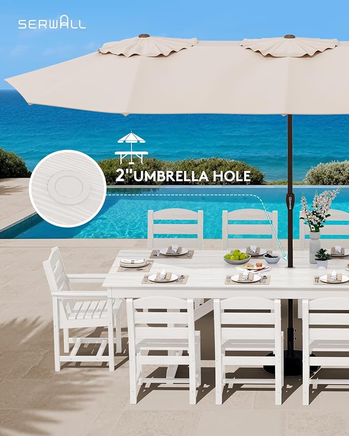 SERWALL 10 Piece Outdoor Dining Set with 15ft Triple-Head Foldable Umbrella(Based not Included), 84" HDPE Outdoor Table and Chairs for 8, White