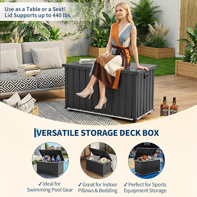 Metal Deck Box Outdoor Patio Storage Container with Wheels, 120 Gallon Heavy-Duty Steel Storage Chest Built with Galvanized Frame & Coated Panels, Large Weather-Resistant Bin for Deck, Porch, Pools