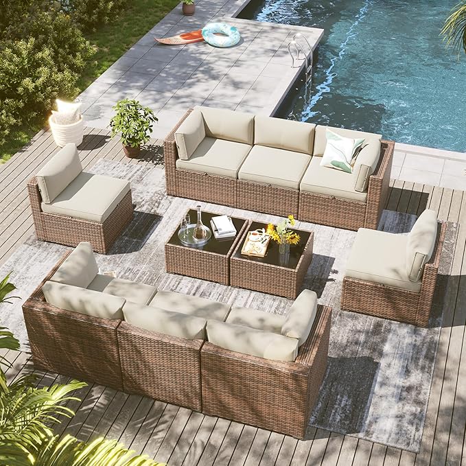 LazySunsets 10 Piece Outdoor Patio Furniture Set with Coffee Table, Outdoor Patio Furniture Sets with Waterproof Cover and Cushion, Wicker Rattan Outdoor Conversation Set for Backyard & Garden, Beige