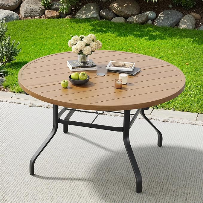 Soohow Round Outdoor Patio Dining Table, 47" Round Patio Table Wood-Like Grain with 1.57" Umbrella Hole, Metal Outdoor Dining Tables for Backyard and Poolside