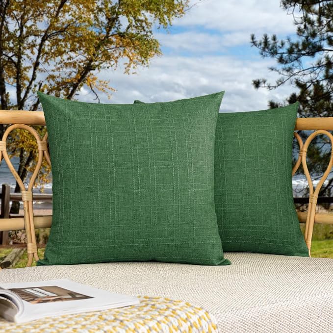 Kevin Textile Outdoor Waterproof 26”x26” Pillow Covers 2 Pack, Dark Green | Water Resistant, Soft Faux Linen-cotton Yarn-dyed Woven Texture Throw Pillow Covers for Tent Patio Garden Couch Sofa