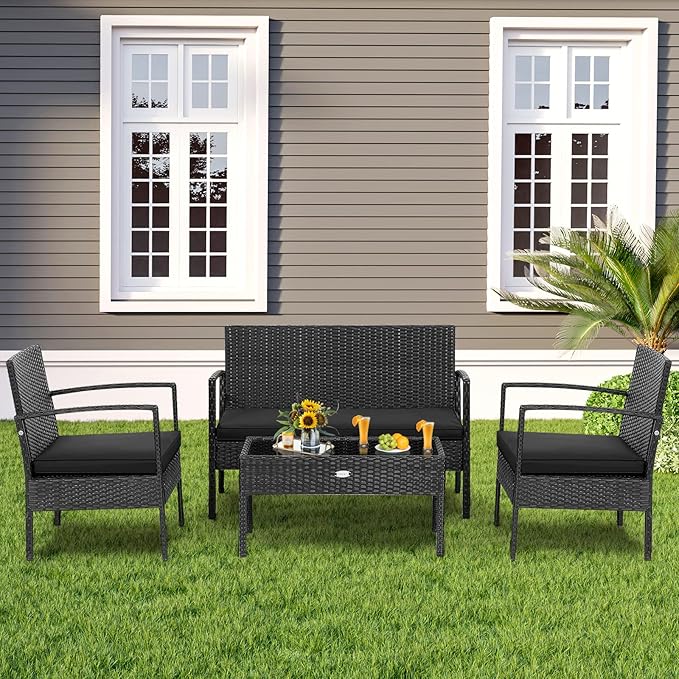 Tangkula 4 Piece Patio Rattan Conversation Set, Outdoor Wicker Furniture Set W/Glass Coffee Table, Solid Steel Structure, Ergonomic Seat, Suitable for Garden, Courtyard, Balcony, Poolside