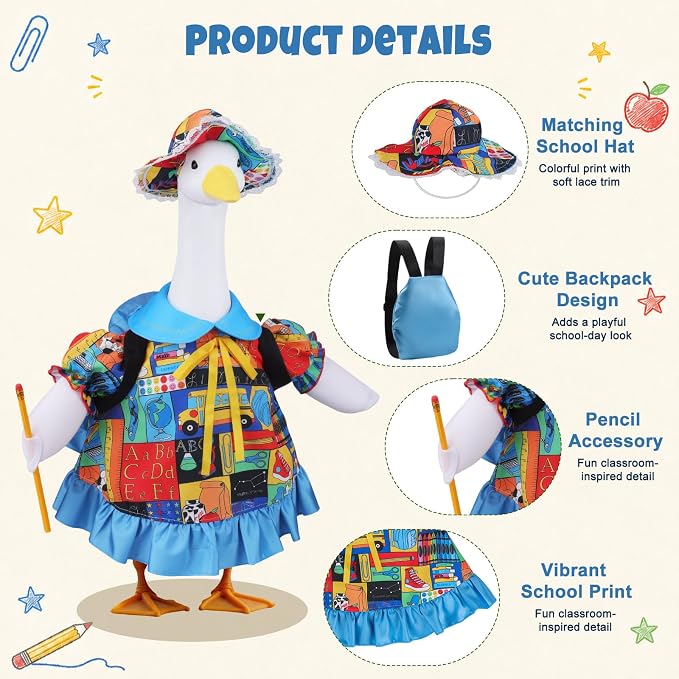 Cute Students Goose Outfits, 23 inch Back to School Porch Goose Outfit, First Day of School Goose Clothes for Classroom Decor, Outdoor Lawn, Yard, Patio