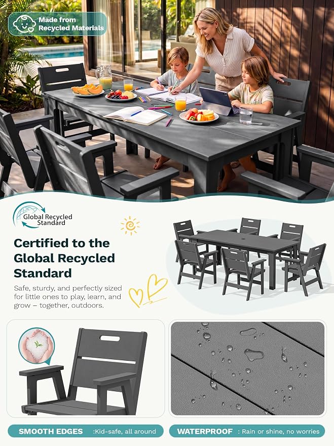 SERWALL 10-Piece Outdoor Dining Set, All-Weather HDPE Patio Furniture with 76" Rectangular Dining Table, 8 Arm Chairs & 1 15FT Umbrella (Base Not Included), Heavy Duty Patio Dining Sets, Gray