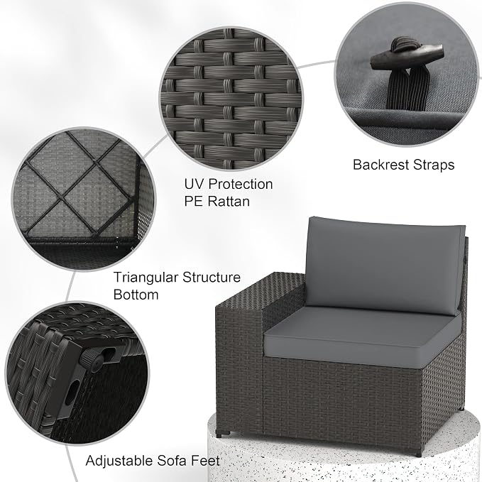 Patio Furniture Set, 7PCS Patio Sectional w/ Fire Pit Tabel Ottoman Wicker Rattan Outdoor Furniture with Thickened Cushion Modular Wicker Patio Conversation Set with Glass Top Table for Balcony (Grey)