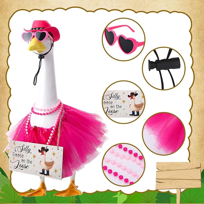 6pcs Hot Pink Western Cowboy Porch Goose Outfits for 17-23 Inches | Tutu Skirt Cowboy Hat Glasses Necklaces Wooden Sign for Outdoor Garden Lawn Art Decor