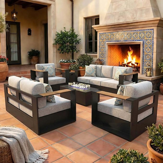LayinSun 5 Pieces Aluminum Patio Furniture Set with Fire Pit Table, Oversized Outdoor Conversation Set 7 Seats with 6" Thick Cushions for Outside Porch, Balcony, Deck