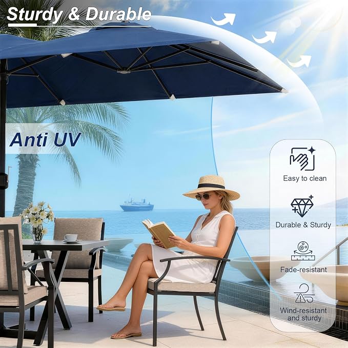 10 Piece Outdoor Dining Set for 8, Patio Table and Chairs Set with Umbrella, Metal Patio Furniture Set with 8 Stackable Chairs, Outdoor Table and Chairs with Cushions for Lawn, Garden, Yard-Sand