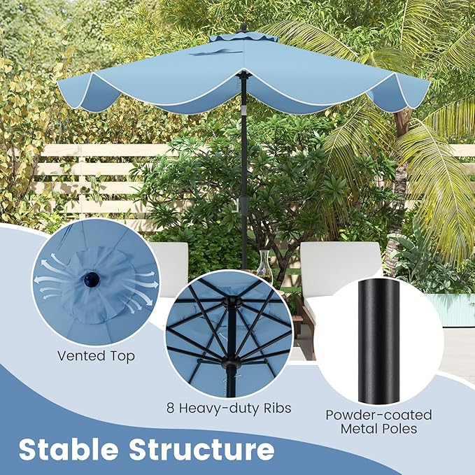 HAPPYGRILL 9 FT Patio Umbrella with Ruffled Edges, Outdoor Table Umbrella with Push Button Tilt, Crank, 8 Ribs, Heavy-Duty Market Sunshade for Yard Garden Pool