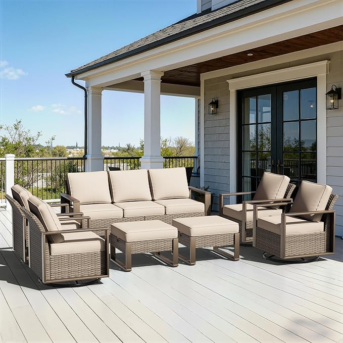7 Pieces Metal Wicker Patio Furniture Set - 75" Sofa, Four Swivel Chairs and Two Ottomans, All Weather Rattan Outdoor Conversation Furniture with Washable Cushion for Deck Porch, Beige