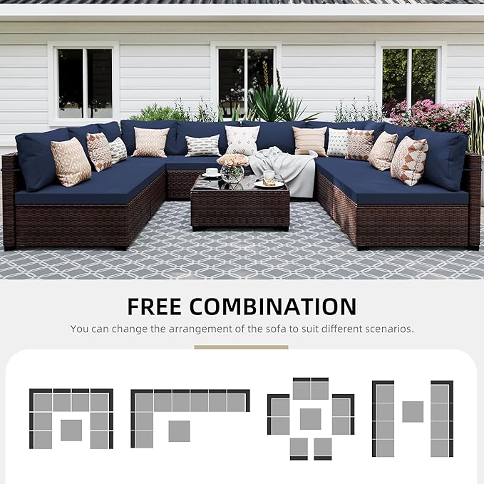 UPHA 9 Pieces Patio Furniture Sets, Wicker Outdoor Sectional Sofa Couch with Coffee Table, Patio Conversation Set for Deck Backyard Garden, Brown Rattan, Navy Blue Cushion