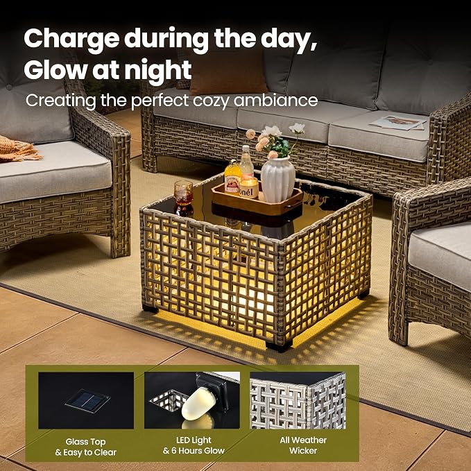 6 Piece Patio Furniture Set with Solar Lights Coffee Table, Outdoor Wicker High Back Sofa Chairs Ottomans with Cushions, All Weather Conversation Set for Backyard Porch Deck, Grey