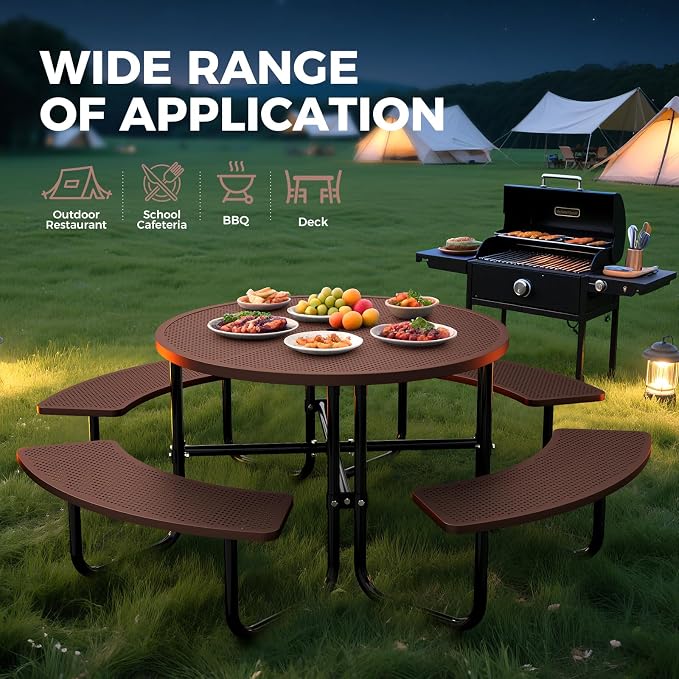 83" Round Heavy Duty Picnic Table for Outdoors Commercial Camping Table with Umbrella Hole up to 1.78" Brown Coated Steel Frame Waterproof Rust Resistant 3200 lbs Load Capacity
