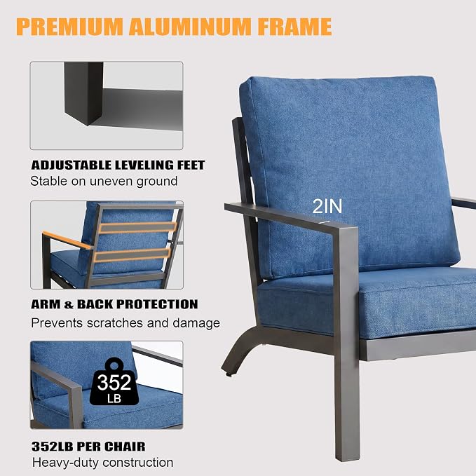 Aluminum Patio Furniture Set With Height-Adjustable Coffee Table, 4-Piece Patio Lounge Set With 5-Inch Washable Thickened Cushions, Outdoor Couch Sectional Suitable For Poolside Balconies Garden, Blue