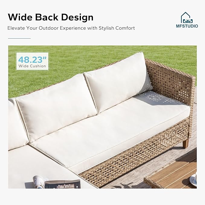 MFSTUDIO L Shaped Outdoor Couch Set, Wicker Patio Furniture Set, Rattan Outdoor Sectional Sofa with Acacia Wood Coffee Table, 3 Pieces Small Patio Conversation Set for Backyard, Beige