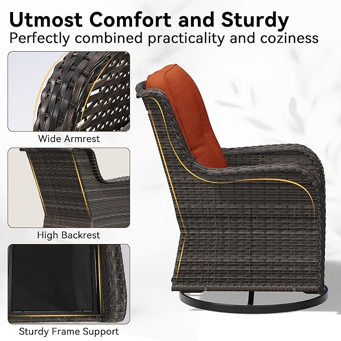 6 Piece Outdoor Wicker Patio Furniture Set, Outdoor Swivel Rocker Patio Chairs Set with Thickened Olefin Cushions, High Back and Deep Seating, Hand-Woven PE Rattan for Porch, Deck