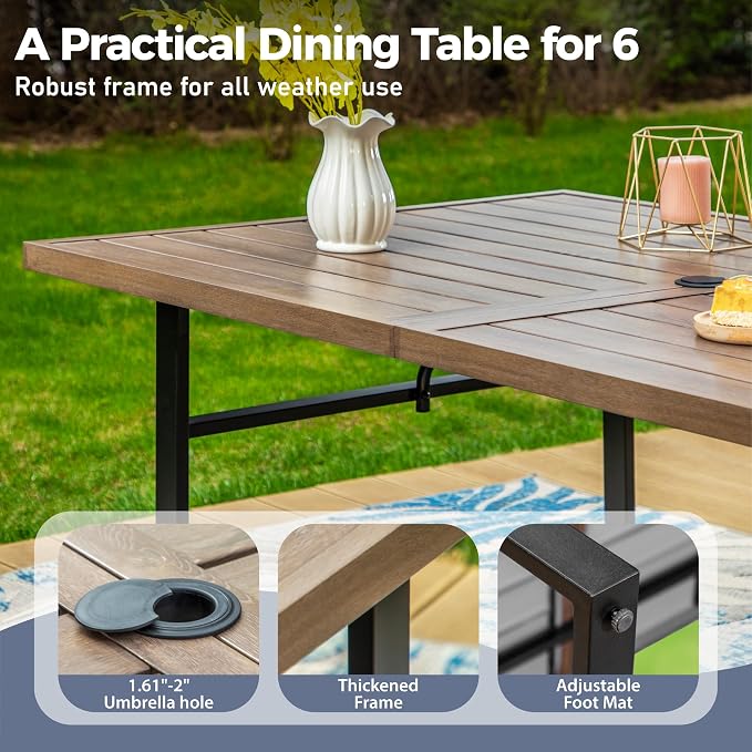 SUNSHINE VALLEY 7 Piece Patio Dining Set for 6, 64x38 Wood-Like Metal Table with Umbrella Hole and 6 Pcs Rust-Proof Stackable Chairs, Outdoor Table and Chairs Set for Backyard Garden Deck (Style 1) | 64x38 Table&6 Pcs Rust-Proof Stackable Chairs, Outdo...
