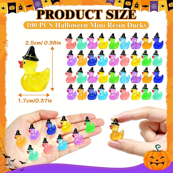 100 Pcs Halloween Luminous Mini Resin Ducks Glow in the Dark Tiny Little Plastic Duck Figures with Witch Hat Miniature Figurines for Crafts Micro Landscape Fairy Garden Party Decor