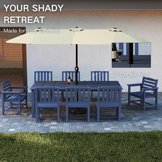 Kingdura 9 Piece Patio Dining Set for 8, 75.2'' HDPE Outdoor Dining Table Set with 2" Umbrella Hole, Weather-Resistant Outdoor Furniture, Table and Chairs Set for Backyard Pool Garden, Navy Blue
