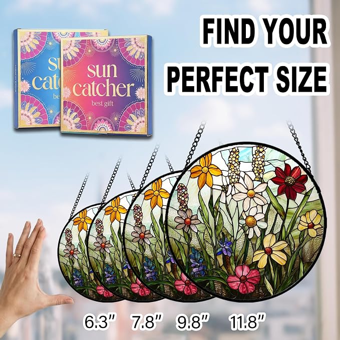 Birthday Gifts for Women - Wildflowers Faux Stained Glass Window Hanging Sun Catcher for Door Garden Acrylic Decor Mother's Day Christmas for Mom Nana Grandma Sisters Wife 6.3"