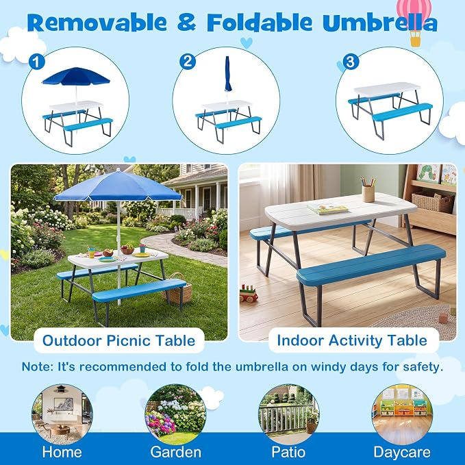 KOTEK Kids Picnic Table with Umbrella, Toddler Outdoor Table and Bench Set, Easy to Clean, HDPE Top & Metal Frame, 660LBS Capacity, Kids Patio Furniture for Backyard Park Garden (Blue)