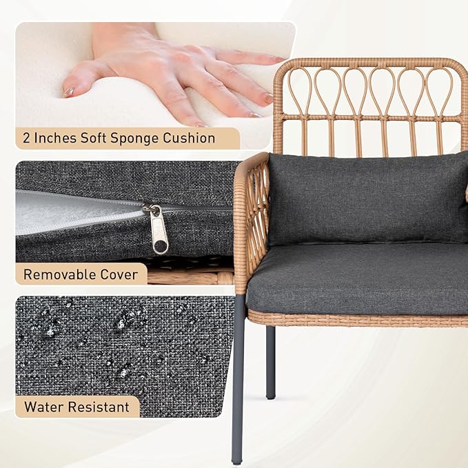 Outdoor Loveseat 2 Pieces Patio Furniture Set, Porch Furniture Wicker Large Loveseats, Patio Conversation Sets with Cushions & Lumbar Pillows and Built-in Table