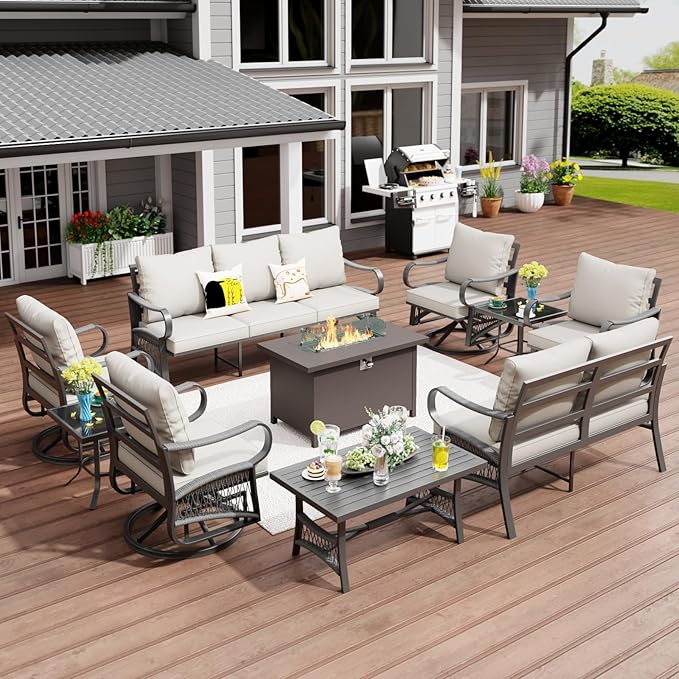 10 Piece Patio Furniture Set, All Weather Metal Outdoor Conversation Set with 50000 BTU Propane Fire Pit Table and 5" Thick Cushions, Sectional Sofa for Garden, Porch, Lawn, Beige
