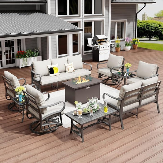 10 Piece Patio Furniture Set, All Weather Metal Outdoor Conversation Set with 50000 BTU Propane Fire Pit Table and 5" Thick Cushions, Sectional Sofa for Garden, Porch, Lawn, Beige