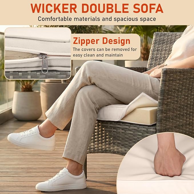 3 Pieces Patio Furniture Outdoor Bistro Set Outdoor&Indoor Conversation Set Coffee Table Chairs Set for 2 with Water-Resistant Cushions for Lawn Yard Garden Porch Balcony and Pool,Grey and Khaki