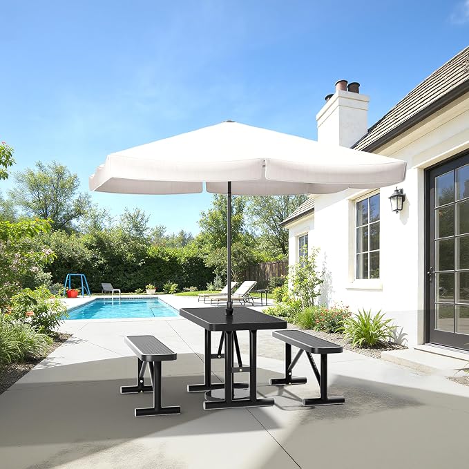 4FT Outdoor Metal Picnic Table with 2 Benches,Heavy Duty Rectangular Picnic Table Set for Outside, Waterproof Commercial Restaurant Table Furniture for Park, Campfield, Patio, Garden, Yard