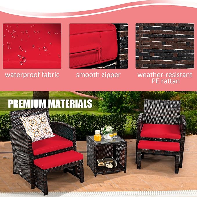 COSTWAY 5PCS Patio Rattan Wicker Furniture Set, Coversation Set with Side Table, Outdoor Cushioned Chairs with Ottomans for Backyard Deck, Red