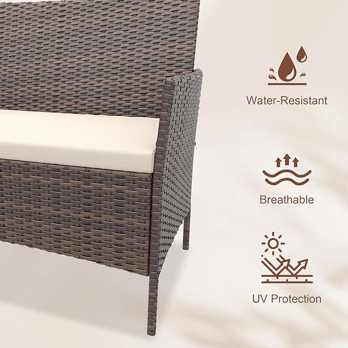 4 Piece Outdoor Patio Furniture Set,Wicker Rattan Conversation Set, Bistro Patio Set with 2 Chairs,Soft Cushion,Loveseat and 1 Glass Coffee Table for Backyard Porch Garden Poolside Balcony,Brown/Beige