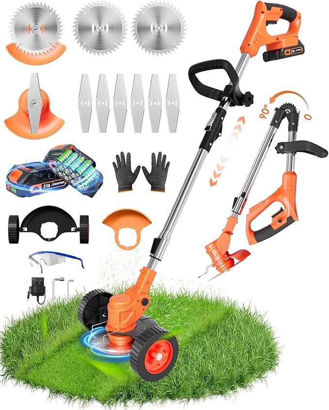 21V Cordless Weed Wacker, 2-in-1 Electric Weed Eater Battery Powered with Wheel and Blade, Stringless Grass Trimmer for Garden Yard, 90° Collapsible