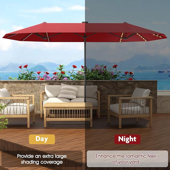 Tangkula 13 Ft Solar Patio Umbrella, Double-Sided Extra Large Outdoor Market Table Umbrella with 108 LED Lights, Crank Handle, 12 Sturdy Ribs for Poolside, Garden & Backyard (Burgundy)