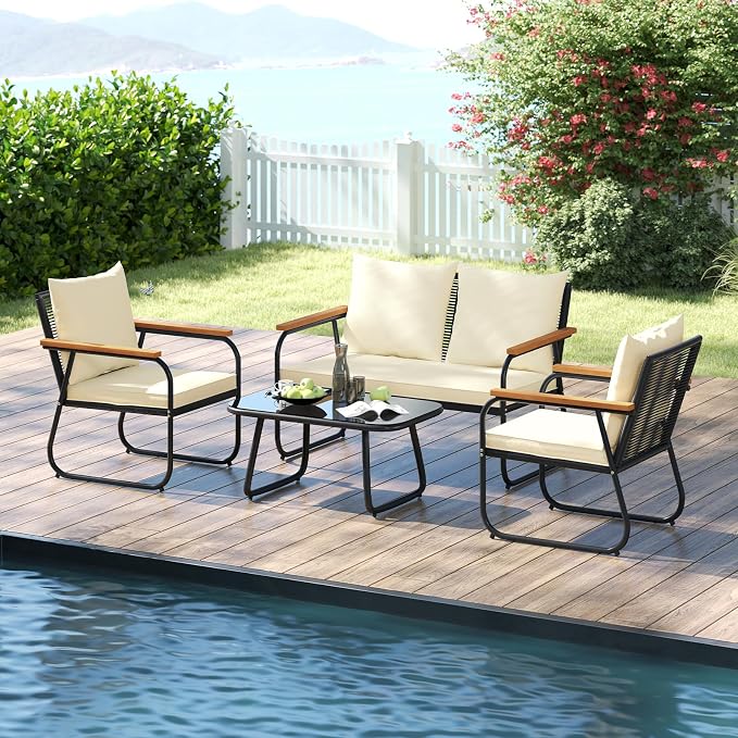Tangkula 4 Pieces Wicker Patio Furniture Set, Outdoor Conversation Set with Tempered Glass Coffee Table, Rattan Cushioned Chairs with Acacia Wood Armrests for Garden, Yard and Poolside (Off White,2)