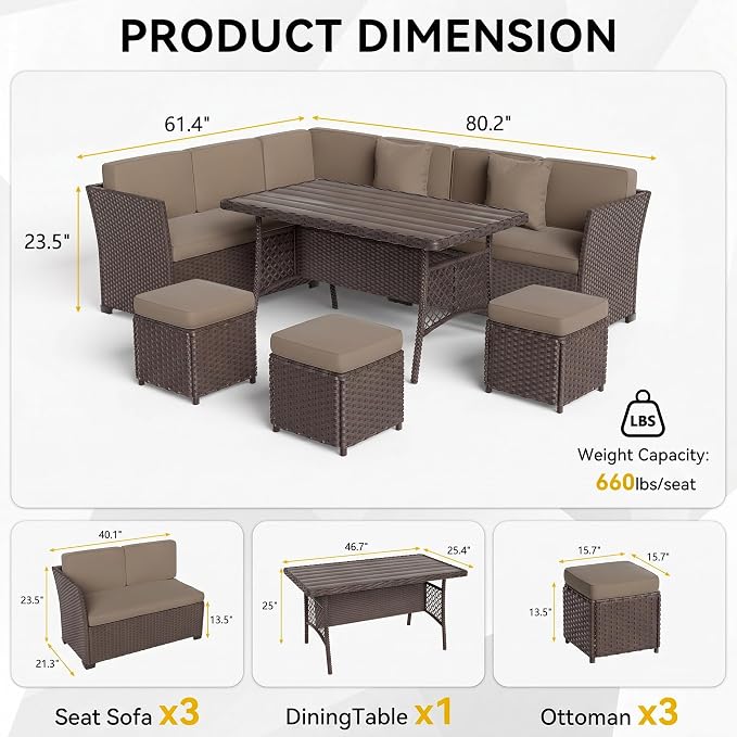 Patio Furniture Set, 7 Pieces Outdoor Dining Sets, All Weather Rattan Conversation Set, Outdoor Dining Sectional Sofa with Large Dining Table, Ottoman (Brown-Camel, A-7 Pieces)