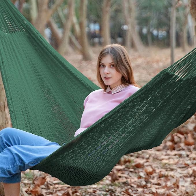PNAEUT Handwoven Mayan Hammock, Thick Soft Rope Double Hammock for Outdoor Outside & Indoor, 600 lbs Capacity Heavy-Duty, Includes Tree Straps, Carabiners & Carrying Bag (Forest Green, X-Large)