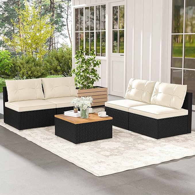 5 Pieces Patio Furniture Set, Outdoor Sectional Sofa with Acacia Wood Coffee Table & Cushions, Wicker Patio Conversation Set for Porch, Deck, Balcony, Poolside & Backyard (Off White)