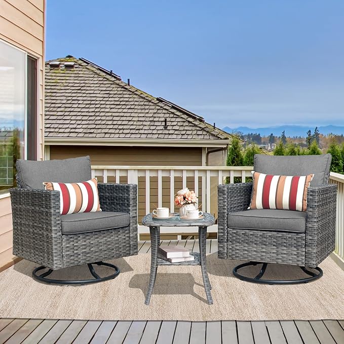 HOOOWOOO Wicker Outdoor Swivel Bistro Set for 2,3 Piece Patio Rocking Chairs and Table,All Weather Resistant Outside Out Door Rattan Rockers Furniture Set,Charcoal Gray