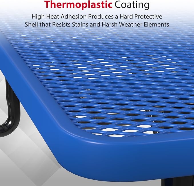 Leisure Craft Metal Picnic Table with Bench - 8 ft Rectangle Outdoor Dining Table for 8, Umbrella Hole, Weatherproof Heavy Duty Thermoplastic Coating, Commercial Grade Furniture Made in USA - Blue