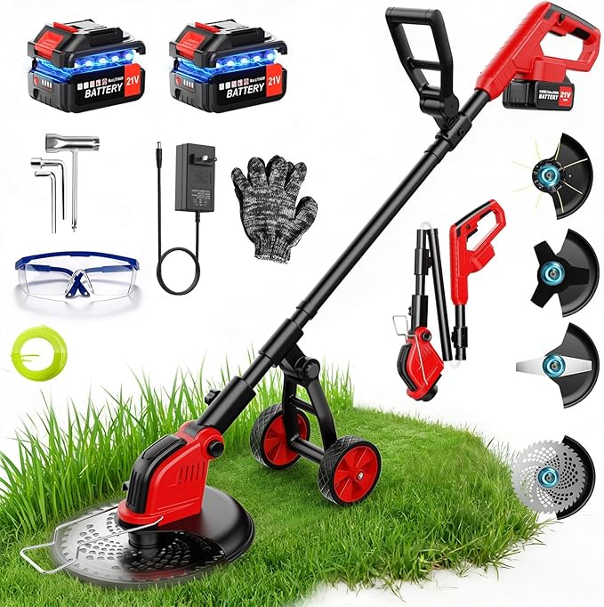 Electric Weed Wacker with Wheels, 12-Inch 2x3.0Ah 21V Battery Powered Weed Eater, Cordless Lawn Mower with 4 Types Blades, 800W Brushless Brush Cutter, 20000RPM Grass Trimmer for Garden Yard