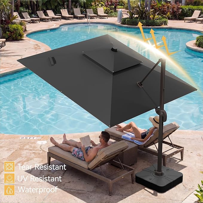 10x10 FT Patio Umbrella with Base, Large Cantilever Double Top Heavy Duty Offset Umbrellas with 360° Rotation, Outdoor shade for Garden Deck Pool, Grey